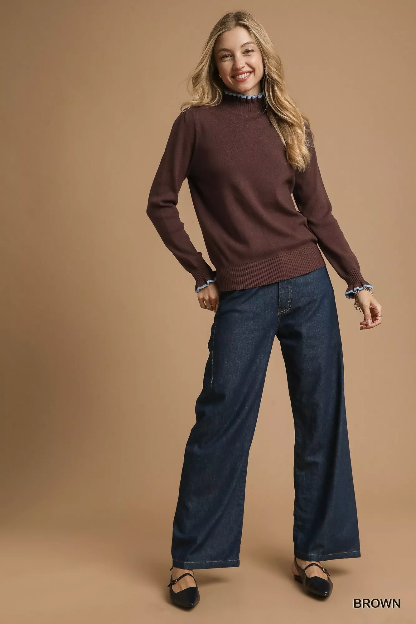 Umgee Ribbed Round Neck Sweater with Ruffle Contrast Trim on Simply Obsessed
