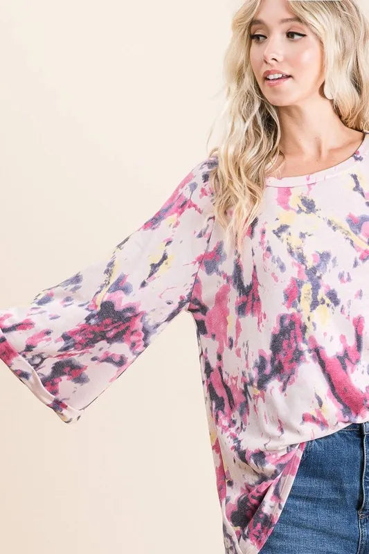 BIBI Tie Dye Print Terry A Line Top with Bell Sleeves on Simply Obsessed