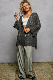 POL Openwork Lightweight Open Front Cardigan with Scalloped Edge on Simply Obsessed