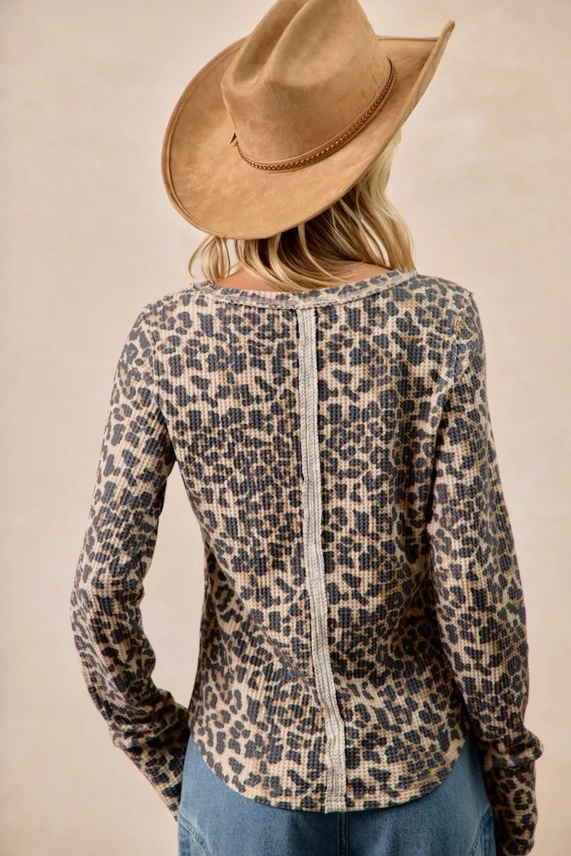 BIBI Leopard Print Washed Waffle Thermal Top with Thumb on Simply Obsessed