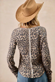 BIBI Leopard Print Washed Waffle Thermal Top with Thumb on Simply Obsessed