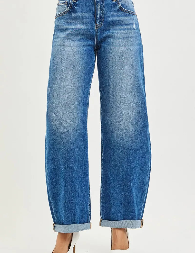 RISEN Full Size Mid Rise Barrel Double Roll Up Jeans Plus Size on Simply Obsessed
