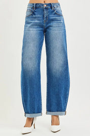 RISEN Full Size Mid Rise Barrel Double Roll Up Jeans Plus Size on Simply Obsessed