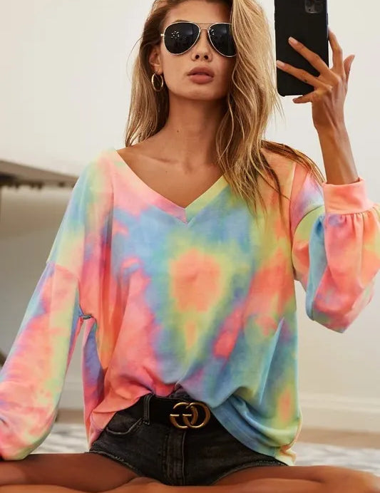 BiBi Tie Dye French Terry V Neck Top on Simply Obsessed