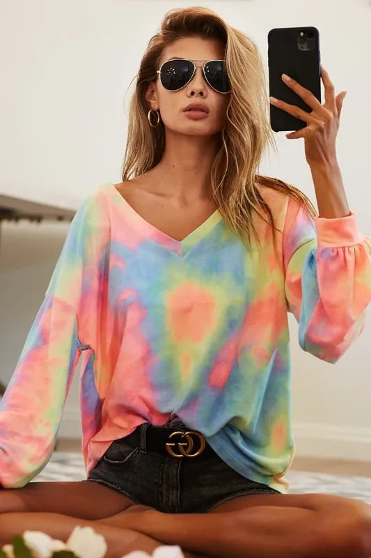 BiBi Tie Dye French Terry V Neck Top on Simply Obsessed