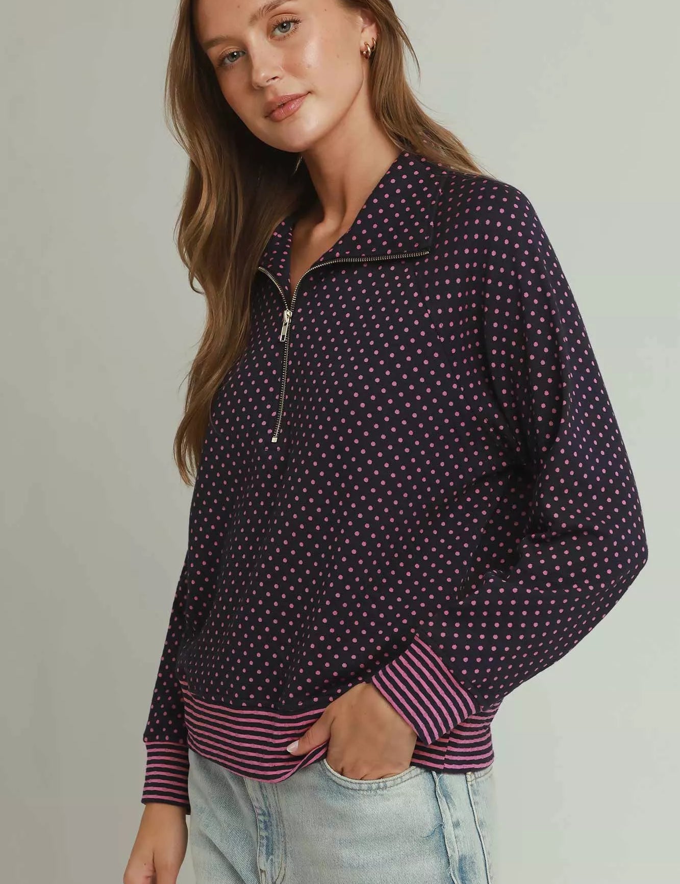 UMGEE Polka Dot Half Zip Sweatshirt on Simply Obsessed