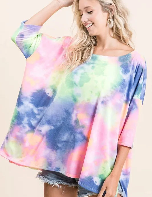 BiBi Tie Dye Print Low Gauge Knit Top on Simply Obsessed