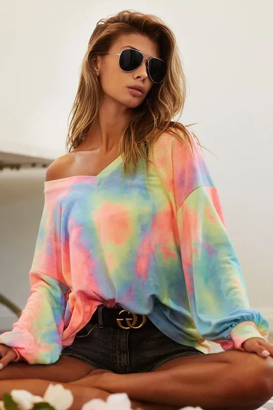 BiBi Tie Dye French Terry V Neck Top on Simply Obsessed