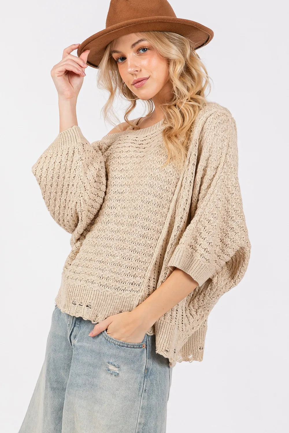 SAGE + FIG Distressed Asymmetrical Open Stitch Sweater on Simply Obsessed