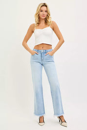 RISEN Tummy Control Mid Rise Ankle Straight Fray Hem Jeans on Simply Obsessed