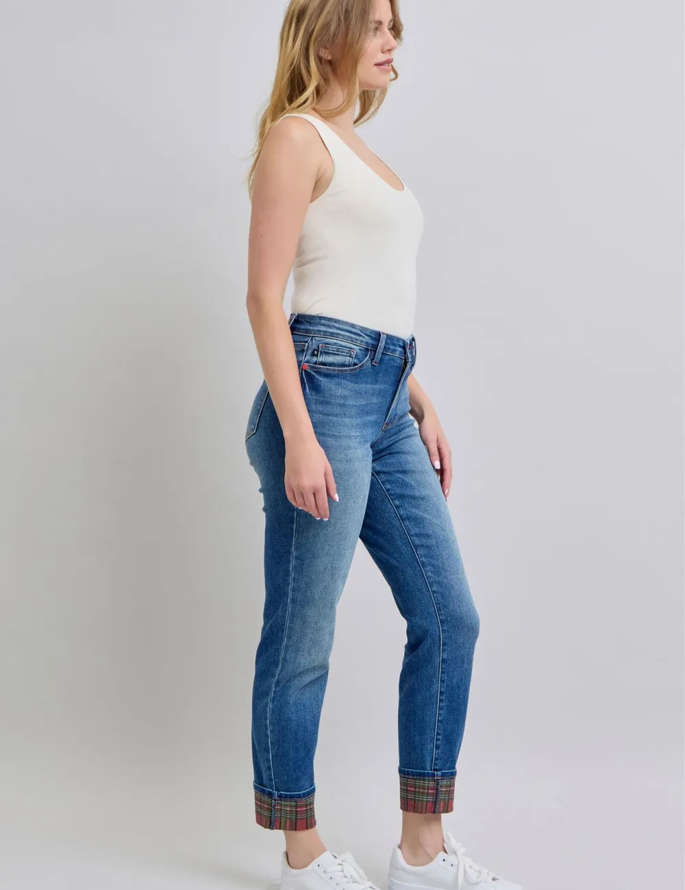 JUDY BLUE Full Size Plaid Print Cuff Straight Leg Jeans with Pockets *BF DEAL* on Simply Obsessed