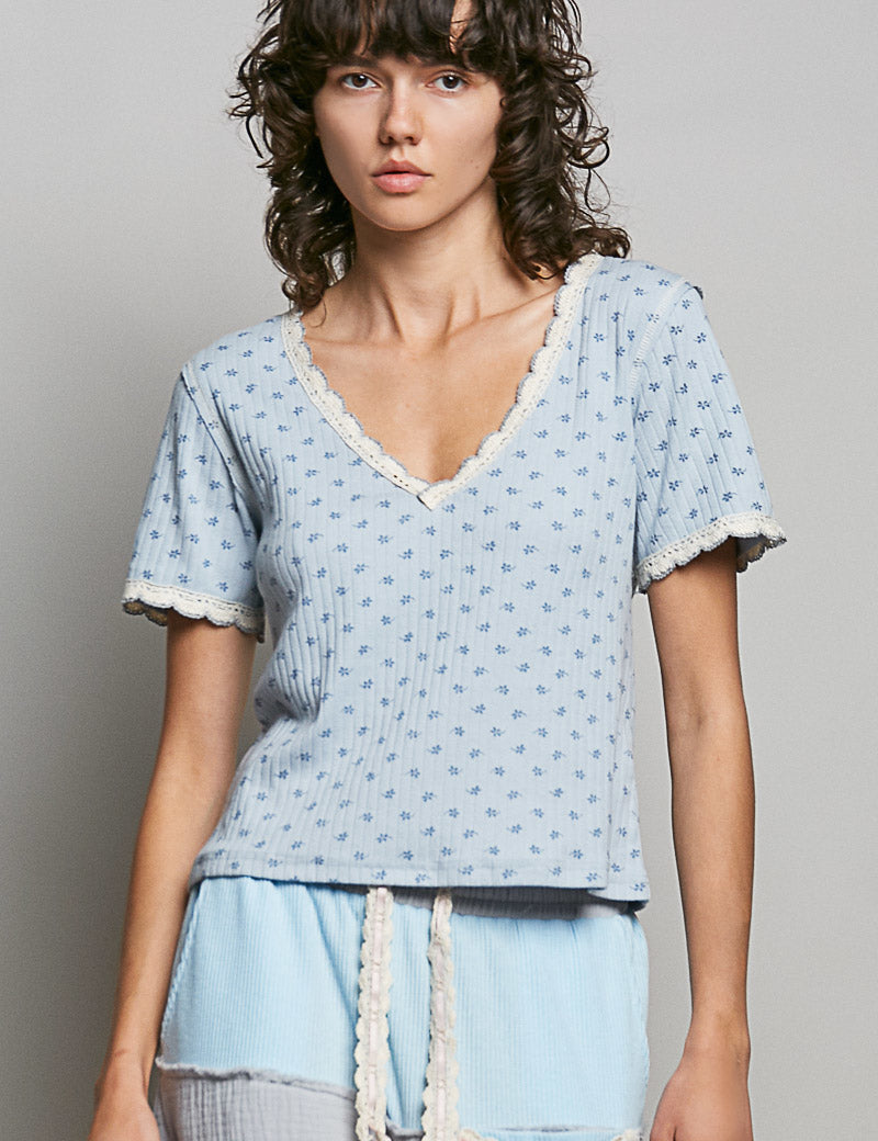 POL Floral V-Neck Short Sleeve Rib T-Shirt on Simply Obsessed