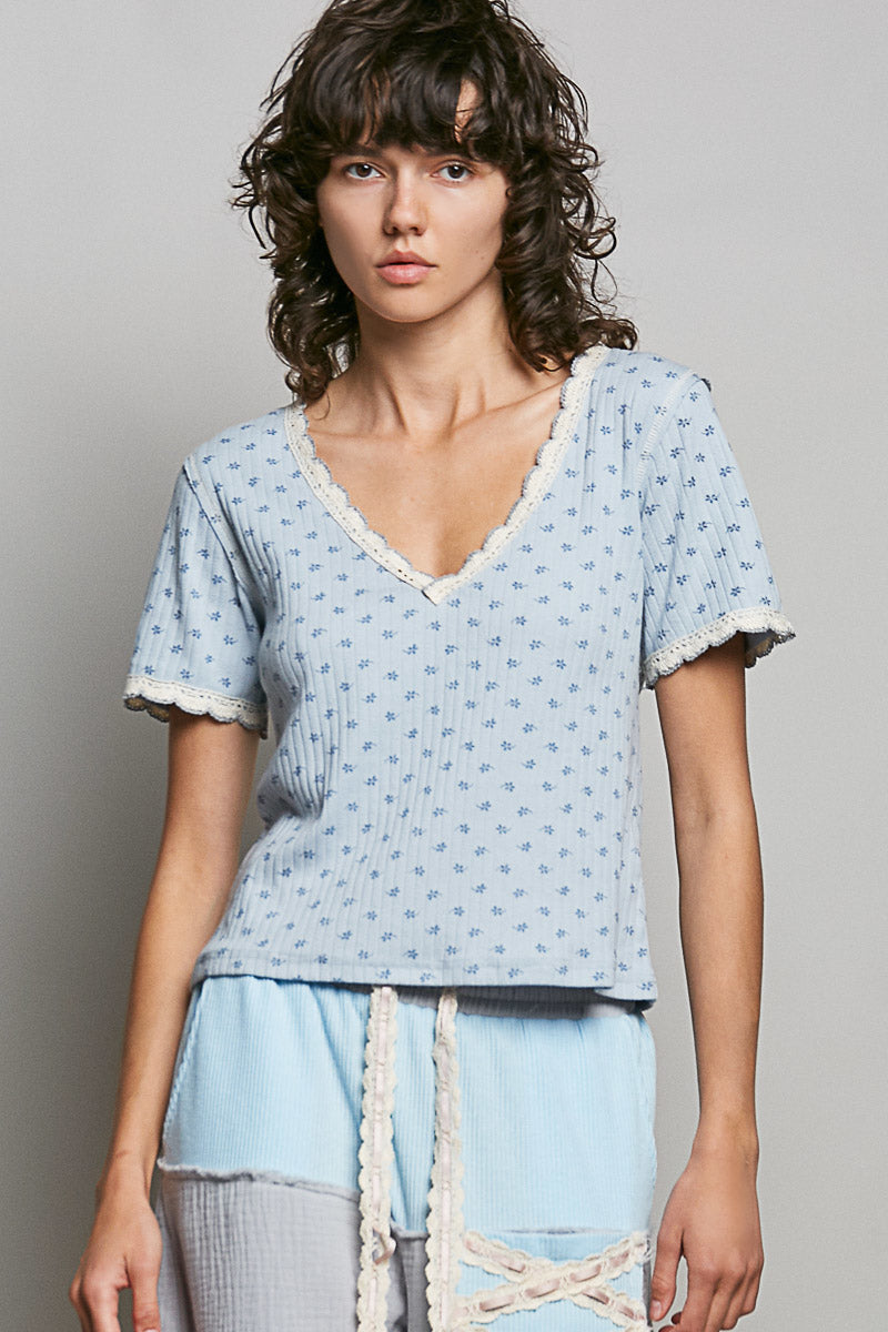 POL Floral V-Neck Short Sleeve Rib T-Shirt on Simply Obsessed