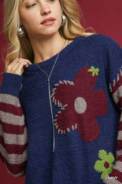 Umgee Flower Jacquard Striped Long Sleeve Sweater on Simply Obsessed