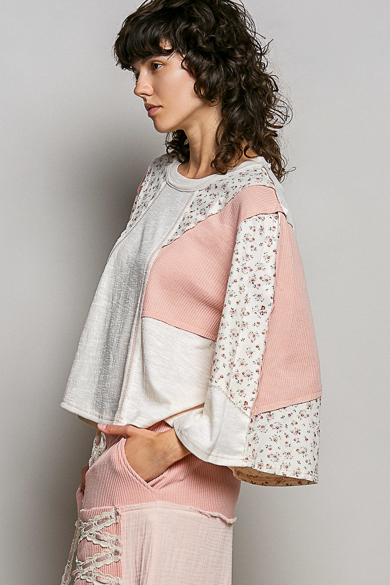 POL Exposed Seam Floral Patchwork Round Neck Textured Slub Knit Top on Simply Obsessed
