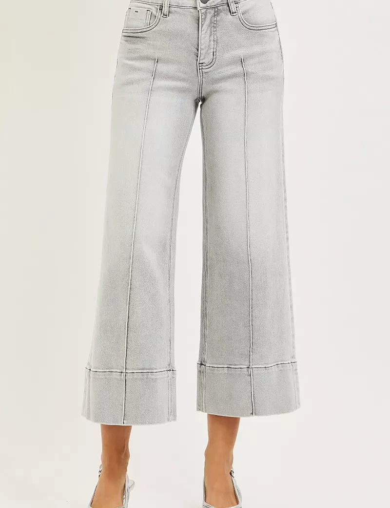 RISEN Tummy Control Mid Rise Crop Wide Pintuck Front Jeans on Simply Obsessed