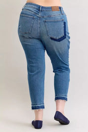 JUDY BLUE Full Size Mid Rise Bf Patch & Repair Destroy Release Hem Jeans Plus Size on Simply Obsessed