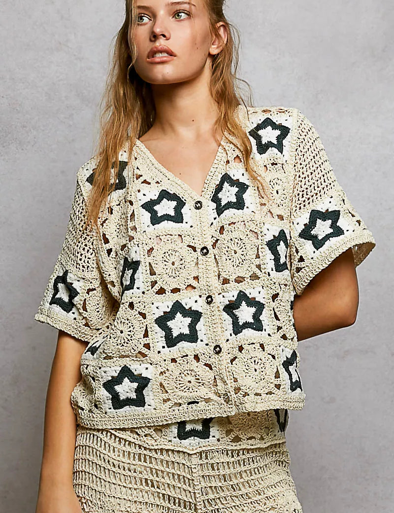 POL Button Front V-Neck Crochet Cardigan with Contast Star on Simply Obsessed