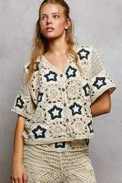 POL Button Front V-Neck Crochet Cardigan with Contast Star on Simply Obsessed