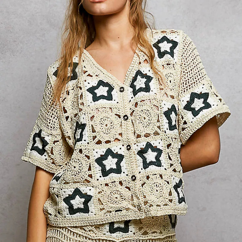 POL Button Front V-Neck Crochet Cardigan with Contast Star on Simply Obsessed