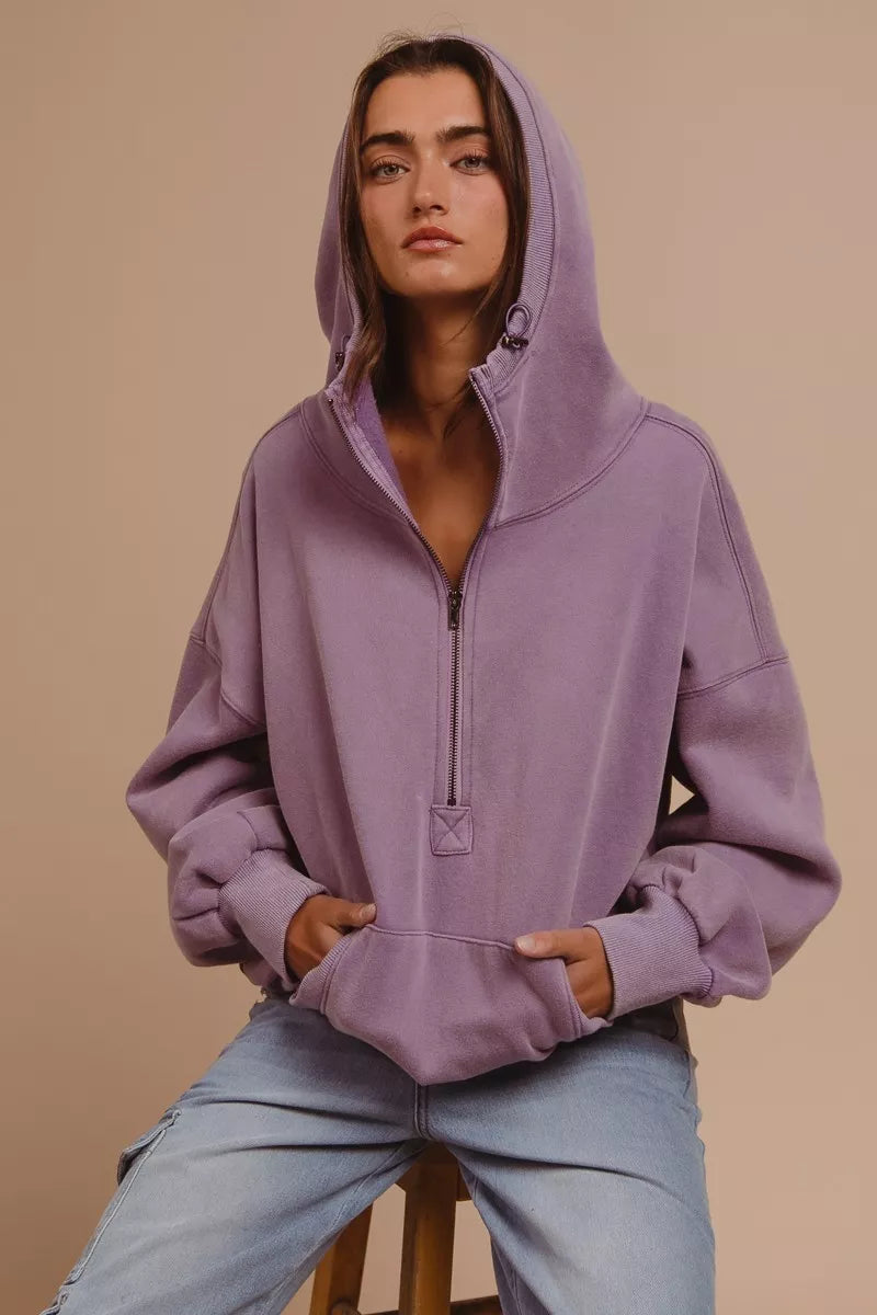 BIBI Stitch Detailed Elastic Hem Half Zip Fleece Hoodie on Simply Obsessed