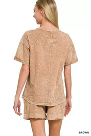 ZENANA Halo Snow Washed Exposed Seam Top & Shorts Set on Simply Obsessed