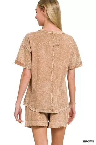 ZENANA Halo Snow Washed Exposed Seam Top & Shorts Set on Simply Obsessed