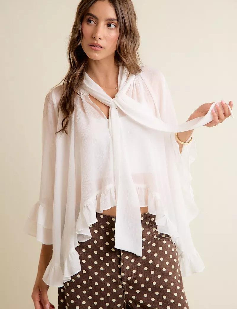 SO ME Sheer Ruffle Bell Sleeves Bow Tie Flowy Blouse Top on Simply Obsessed