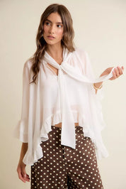 SO ME Sheer Ruffle Bell Sleeves Bow Tie Flowy Blouse Top on Simply Obsessed