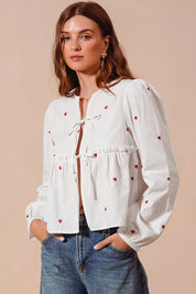 SO ME Front Tie Heart Embroidered Blouse With Puff Sleeve on Simply Obsessed
