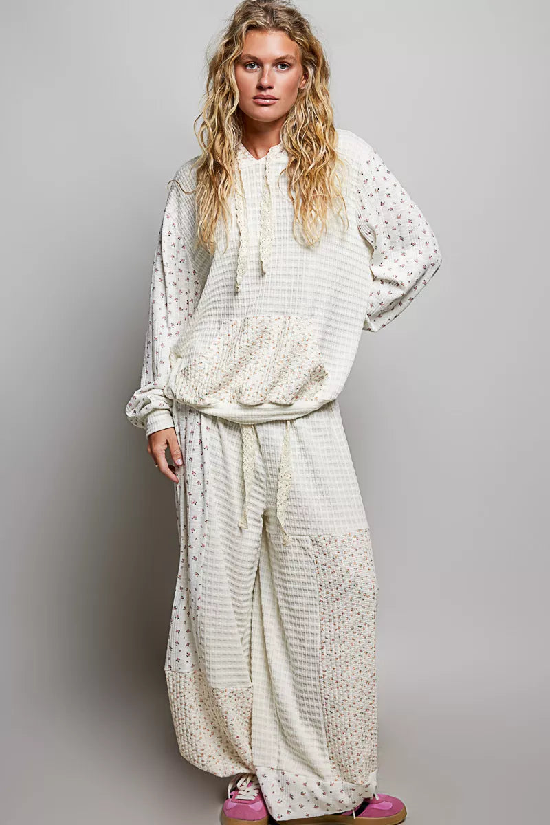 POL Mixed Knit Contrast Print Sleeve Hoodie with Kangaroo Pocket on Simply Obsessed
