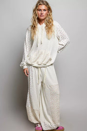 POL Mixed Knit Contrast Print Sleeve Hoodie with Kangaroo Pocket on Simply Obsessed