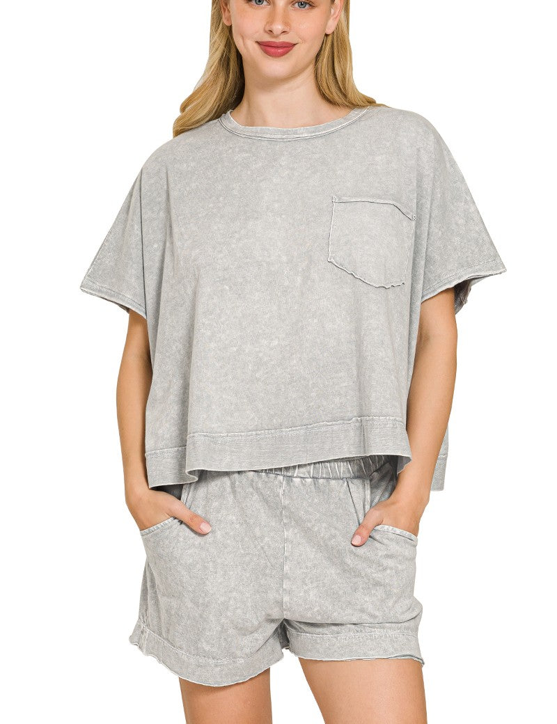 ZENANA Halo Snow Washed Boxy Top & Shorts Set on Simply Obsessed