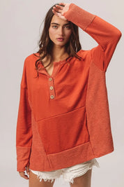 BiBi French Terry Knit Side Block Buttoned Henley Top on Simply Obsessed