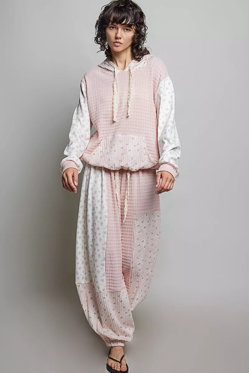 POL Mixed Knit Contrast Print Sleeve Hoodie with Kangaroo Pocket on Simply Obsessed