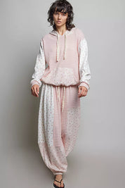 POL Mixed Knit Contrast Print Sleeve Hoodie with Kangaroo Pocket on Simply Obsessed