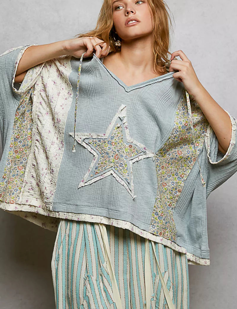 POL Floral Star Patch Hooded Blouse with Lace Contrast Detail on Simply Obsessed