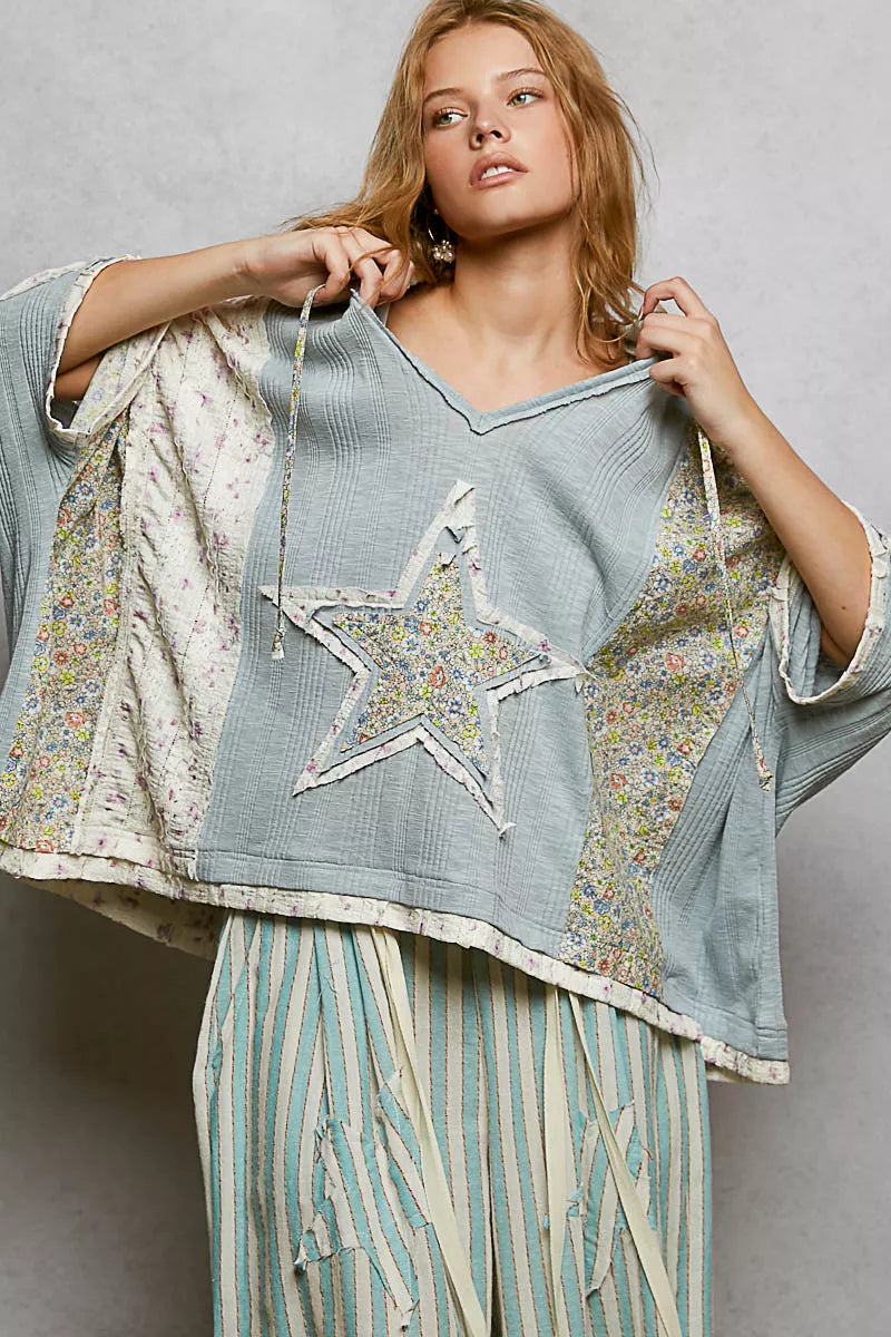 POL Floral Star Patch Hooded Blouse with Lace Contrast Detail on Simply Obsessed