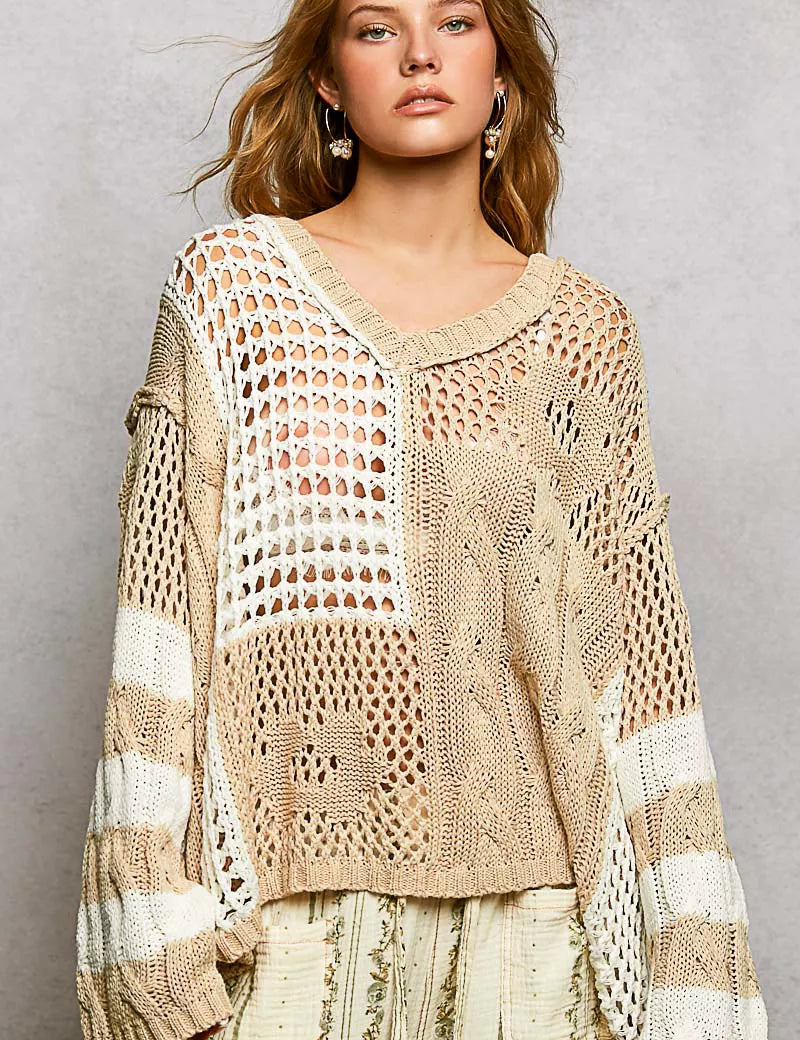 POL Color-Blocked Stripe Pattern Knit Top with Twisted Weave on Simply Obsessed