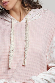POL Mixed Knit Contrast Print Sleeve Hoodie with Kangaroo Pocket on Simply Obsessed