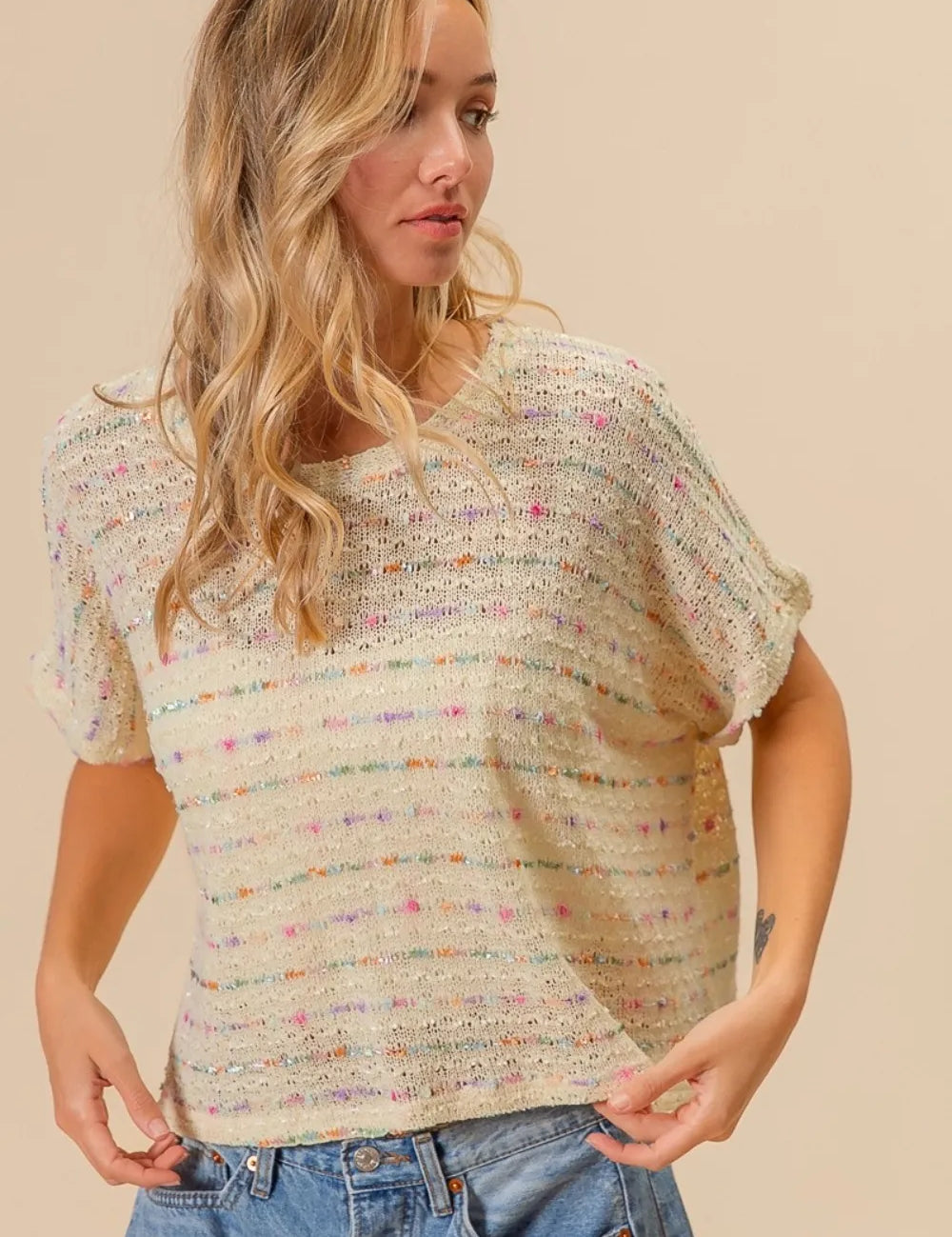 BiBi Striped Popcorn Knit Top on Simply Obsessed