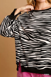 Umgee Zebra Striped Fleece Pullover Sweater Shirt on Simply Obsessed