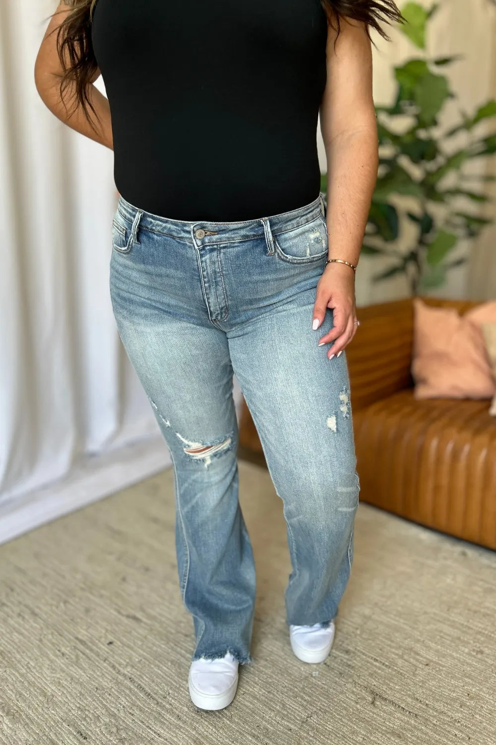 JUDY BLUE Full Size Medium Rise Tummy Control Destroy Flare on Simply Obsessed