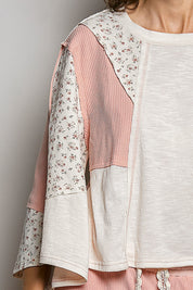 POL Exposed Seam Floral Patchwork Round Neck Textured Slub Knit Top on Simply Obsessed