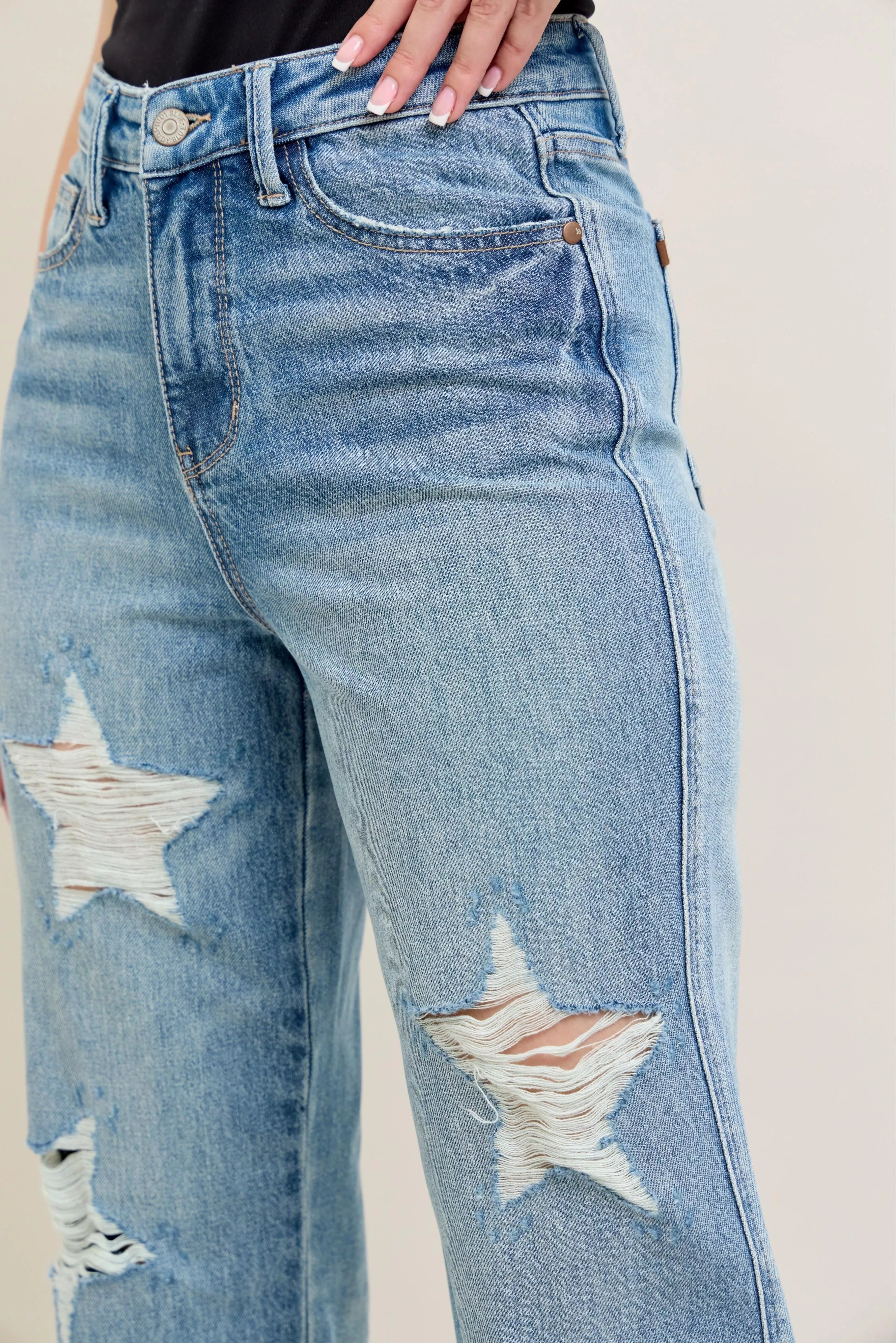 JUDY BLUE Full Size High Waist Rigid Magic Star Shaped Destroy 90's Straight Jeans Plus Size on Simply Obsessed