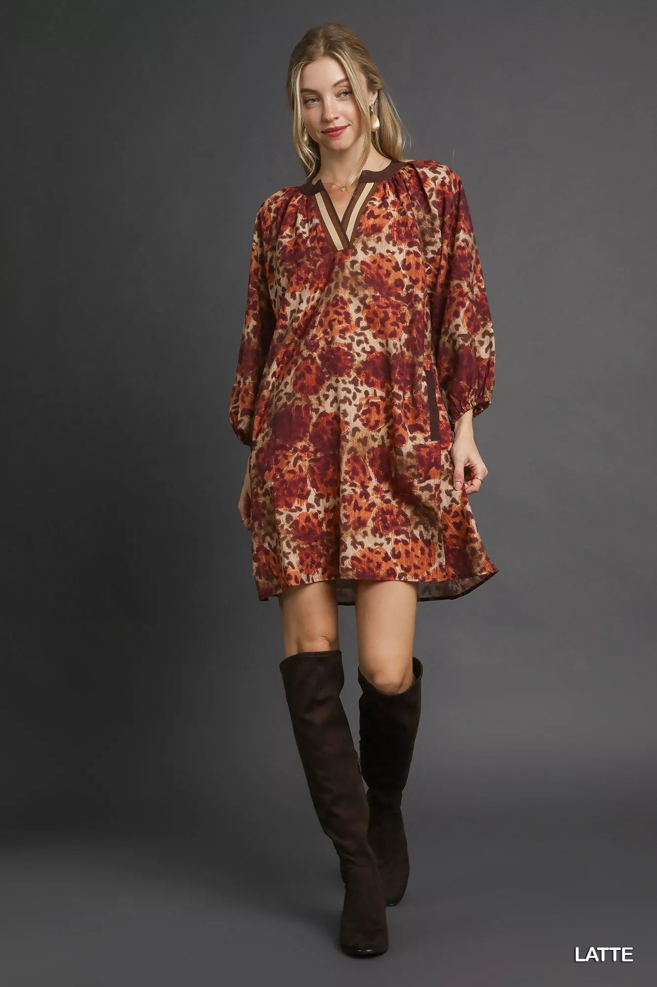UMGEE Animal Print Boho Tunic Dress with Contrast Trim Detail on Simply Obsessed