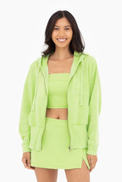 MONO B Fleece Hoodie Jacket w/ Tapered Sleeves-GREEN GLOW on Simply Obsessed