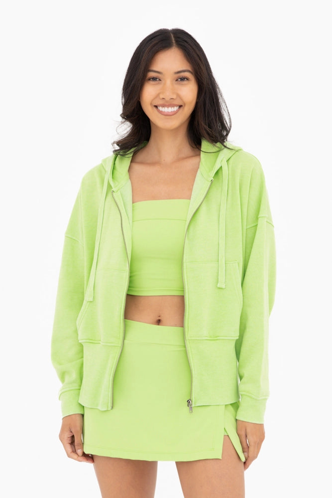 MONO B Fleece Hoodie Jacket w/ Tapered Sleeves-GREEN GLOW on Simply Obsessed