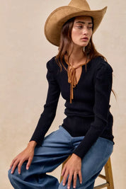 BiBi Ribbed Contrast Front Tied Top with Shrried on Simply Obsessed