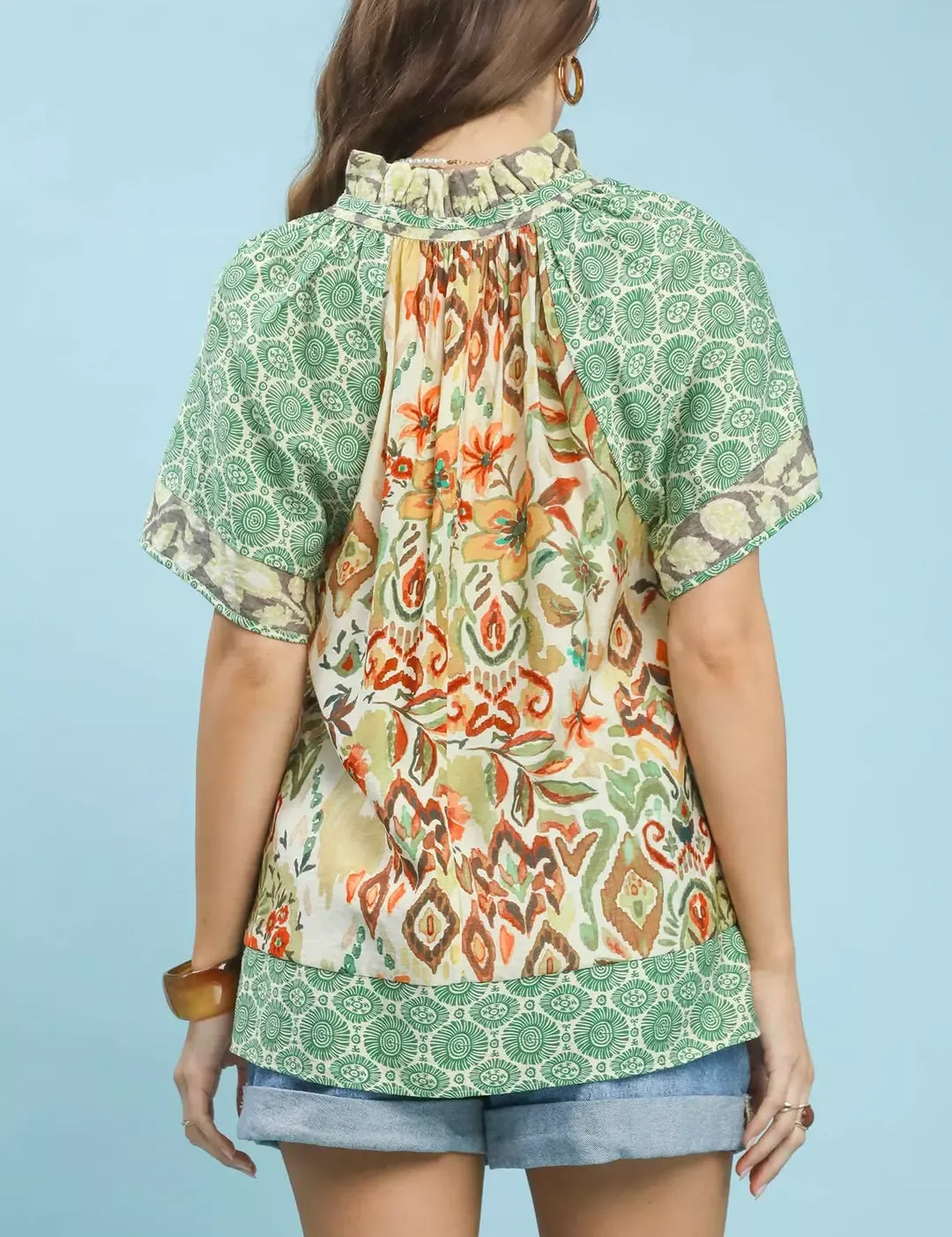UMGEE Mixed Print V-Neck Short Sleeve Top on Simply Obsessed